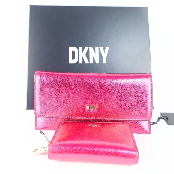 2 PC set -DKNY Lumen metallic faux-leather logo wallet + card case Pink - Picture 16 of 16